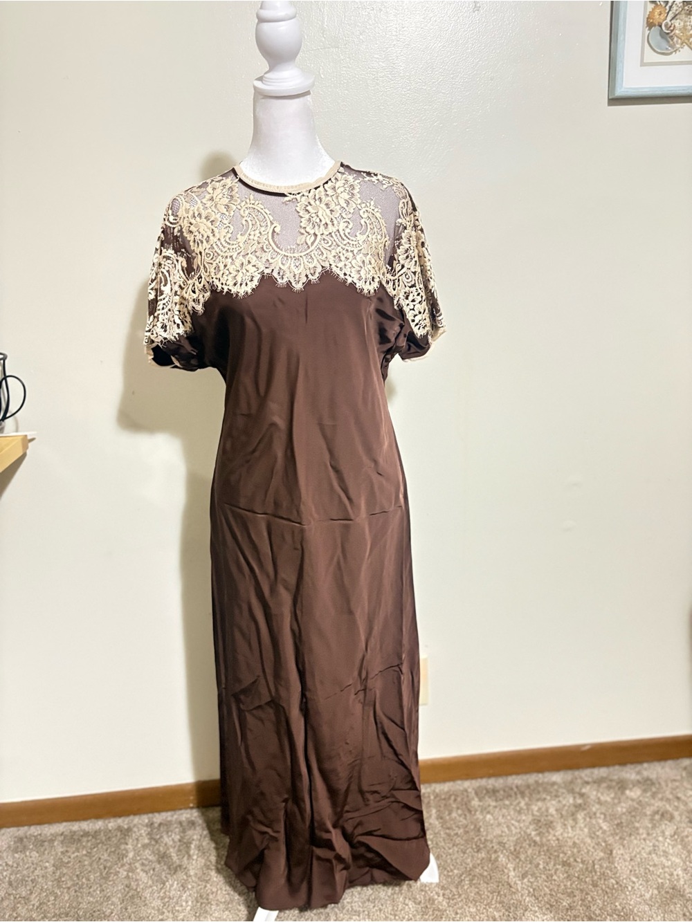 Zara Elegant Brown Maxi Dress with Cream Lace Yoke